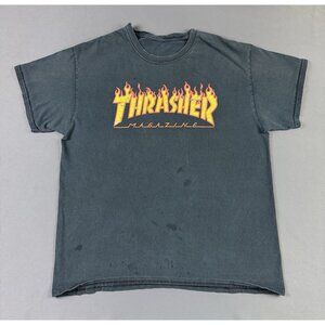 Rare Vintage Y2K Thrasher Magazine Flames Sun Fade Black Tee Punk Skate Thrashed
